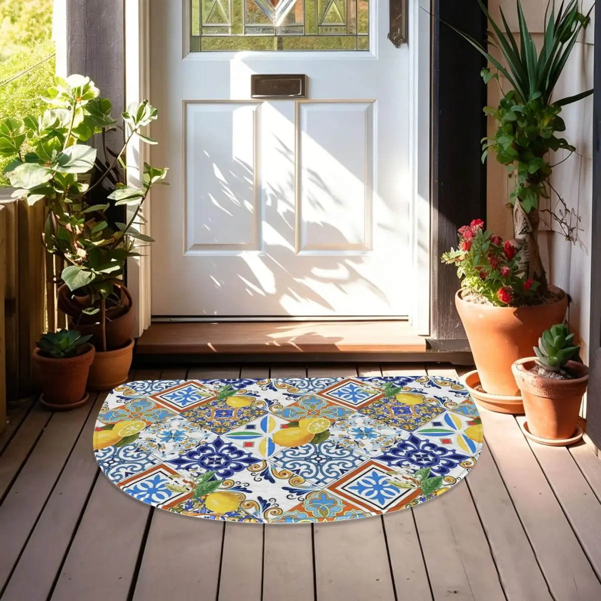 Mediterranean Tiles And Lemon Soft Flannel Half Round Doormat Non Slip Bathroom Mat Absorbent Floor Carpet for Living Room