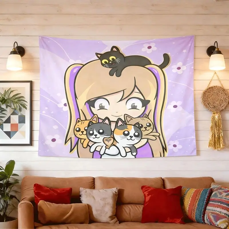 VIKAMA Funny Light Purple Double Horsetail Girl Cat Cartoon anime Tapestry Wall Hanging Home Decor for Bedroom Living Room