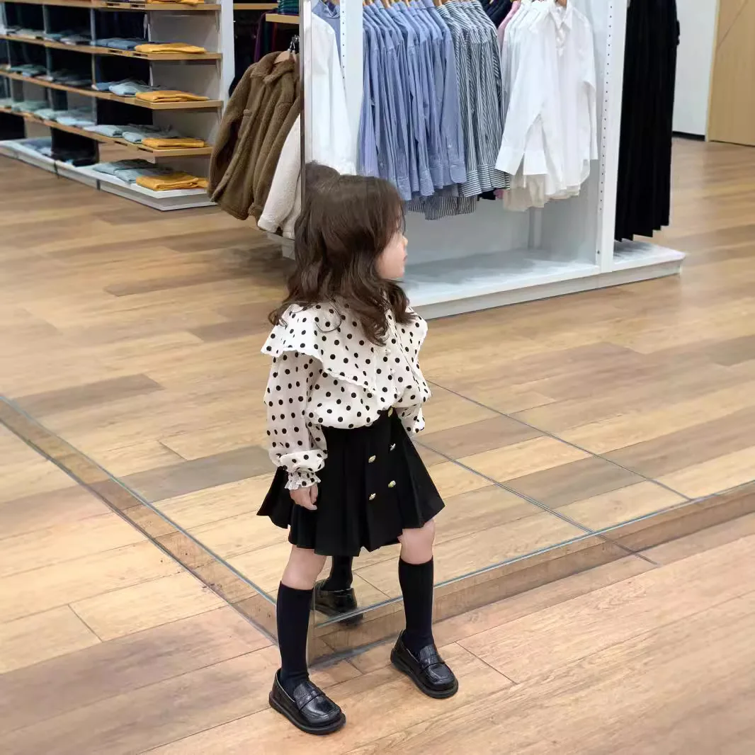 

Girls Autumn Set Korean Doll Polka Dot Waist Shirt Short Skirt Cute Sweet Gentle Two Piece Set Kids Designable Clothes