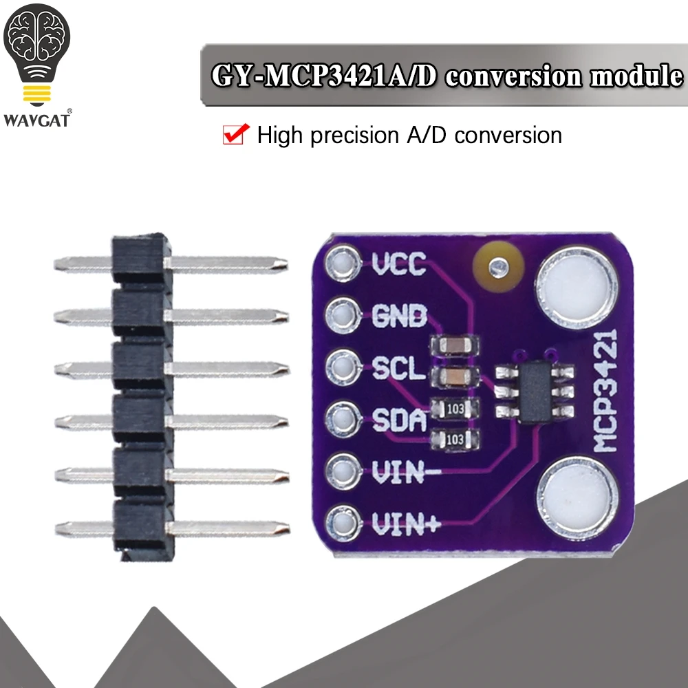 WAVGAT MCP3421 ADC Evaluation Module Board, I2C interface, SOT23-66 differential adder type, suitable for PICkit serial analysis