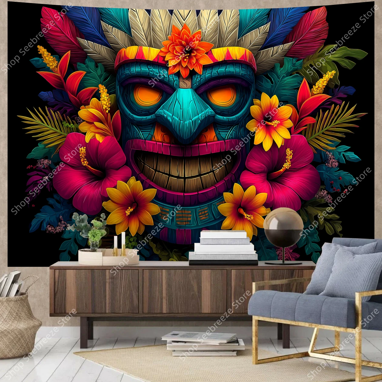 Vibrant Blue Tiki Mask Tapestry with Tropical Hibiscus Flowers and Lush Green Leaves for Bohemian Wall Decor Living Room Bedroom