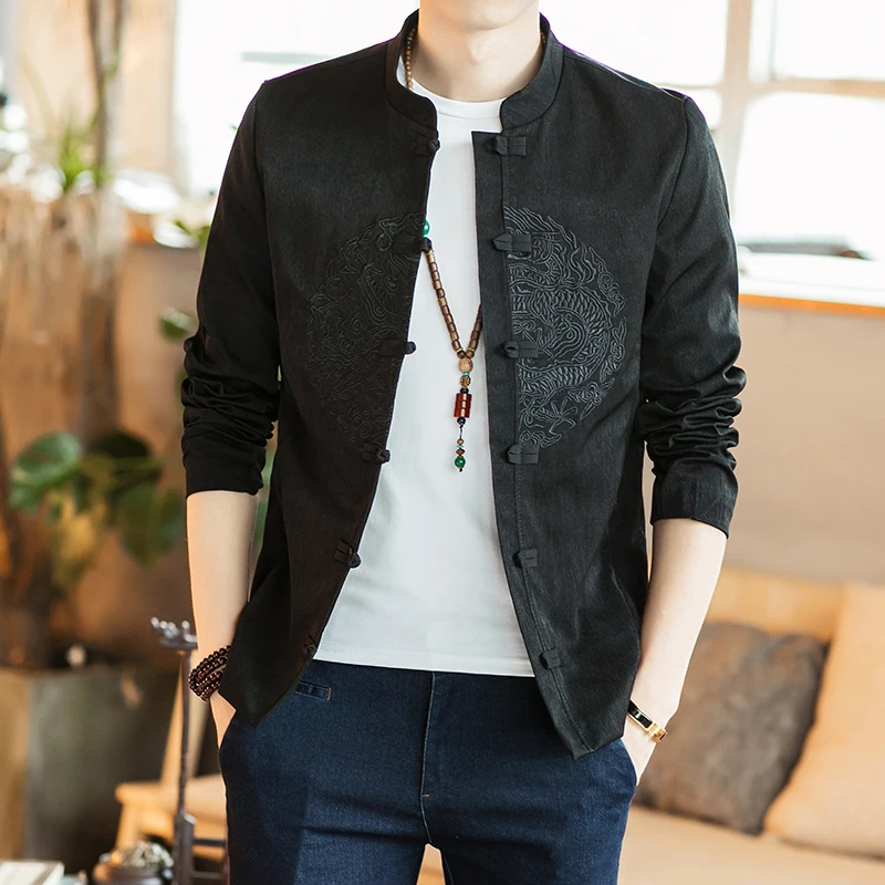 

Ele Cotton Linen Jaet for Men with Dragon Embroidery Chinese Sle Button up irt Youthful Spring Outerwear