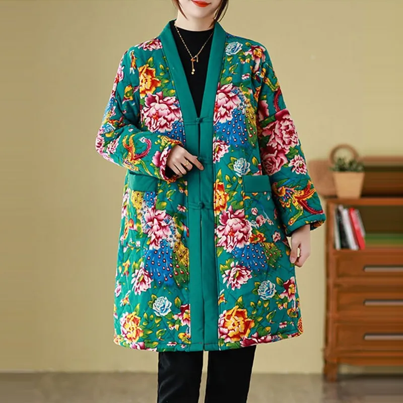 Women Casual Padded Coats New Arrival 2023 Autumn Chinese Style Vintage V-neck Floral Print Loose Female Long Jackets B3209