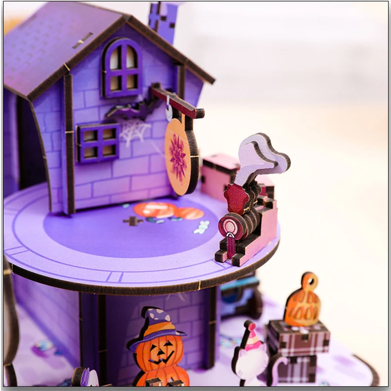 DIY Music Box Wooden Model Building Kits Ghost Train Assembled 3D Jigsaw Puzzles Can Move for Friends Halloween Gifts Home Decor