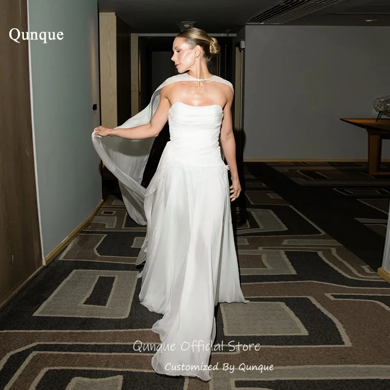 

Qunque Strapless Chiffon Capelet Wedding Dress A Line Civil Bridal Gown Dreamy Ruched Handmade Vestido De Novia Boda Customized