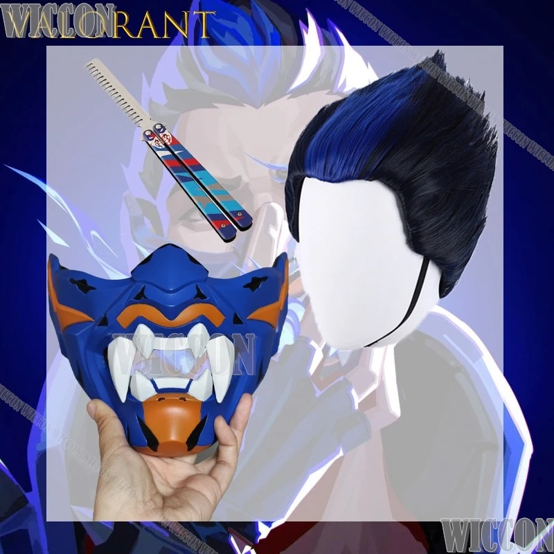 

VALORANT Yoru Cosplay Wig With Bangs Smooth Hair Version 2 Gradient Blue Highlights Jester Mask Half-Face Navidad Comic Con