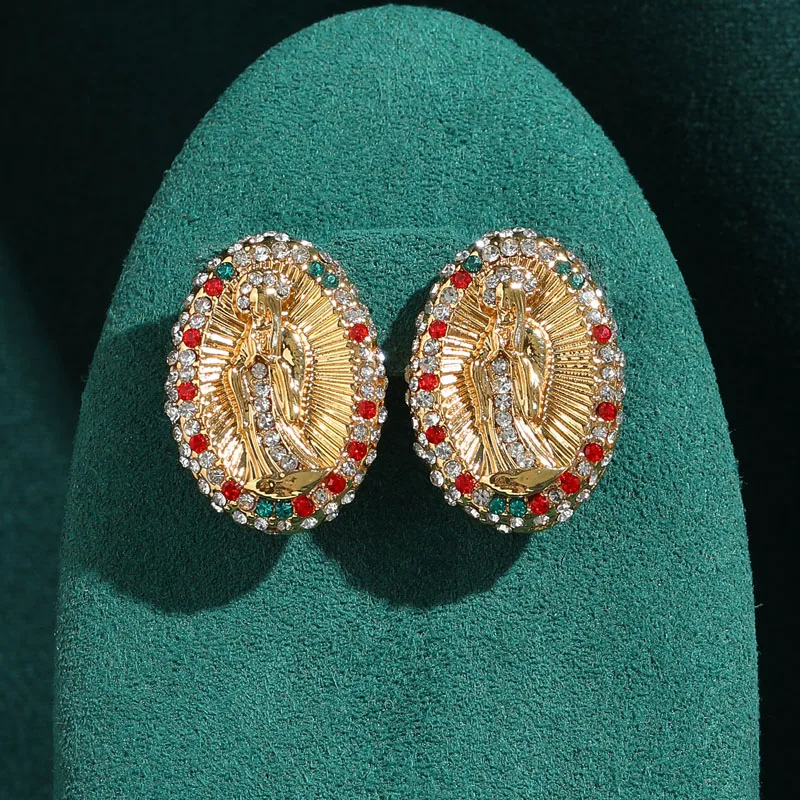 

Vintage Holy Mother Gold Color Earrings Retro Woman Oval Red Rhinestones Geometric Palace Accessories 2026 Trendy New Jewelry