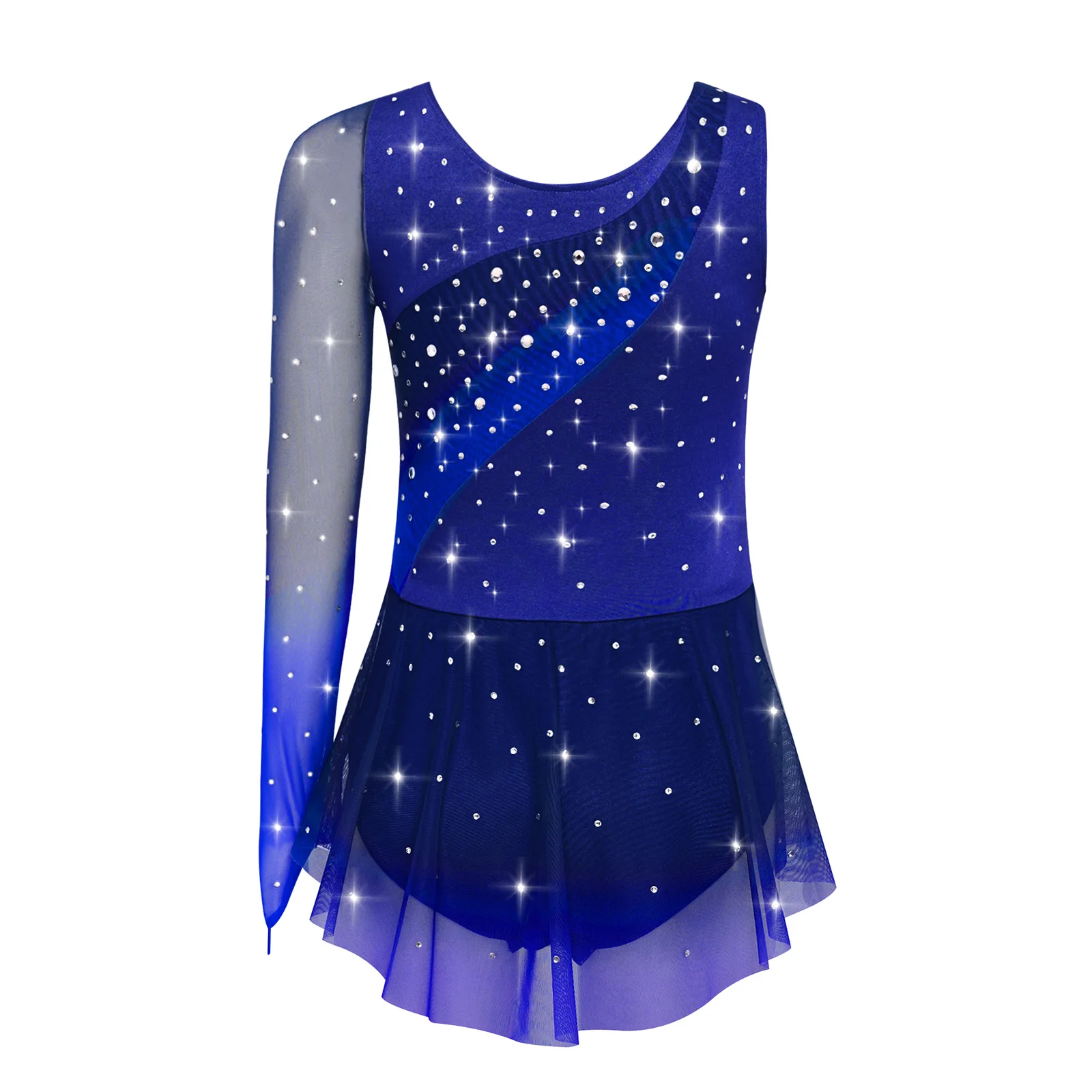 Girls Asymmetrical Gymnastics Dance Leotard Dress Sparkling Rhinestone Side Split Built-in Briefs for Ballet Stage Performance