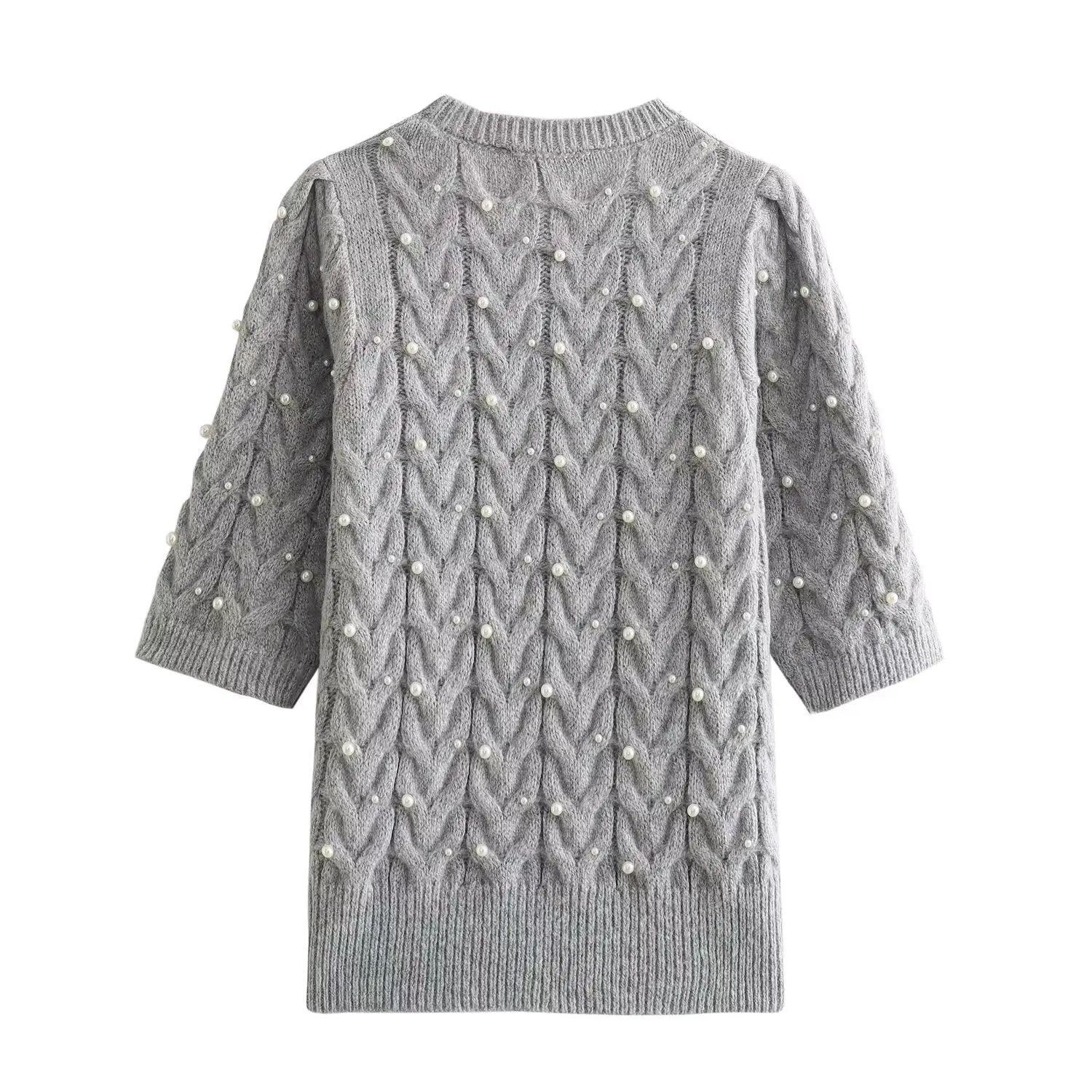 

Withered Fashion Ladies Pearls Short Sleeve Tops Sweaters Women Gray Kniwear Casual Knitted Tshirt Women