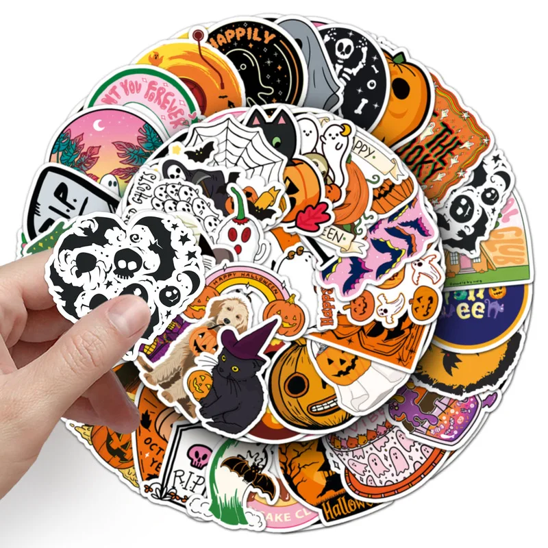 Cute Halloween Stickers 50pcs Cartoon Sticker Collection Pumpkin Ghost Bat Witch Party Supplies