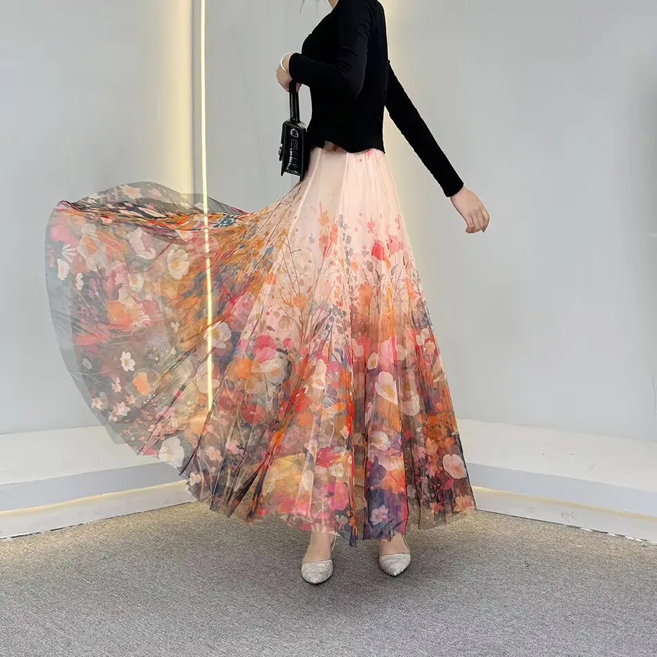 

Корейская женская тюлевая юбка, модная весенне-летняя свободная юбка с цветочным принтом, элегантная женская повседневная универсальная сетчатая юбка