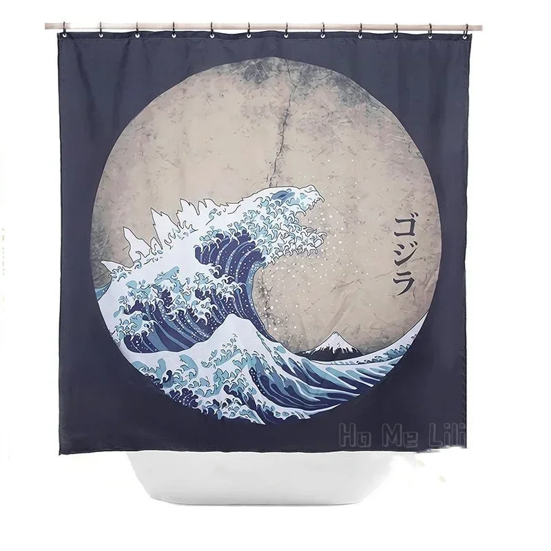 Space Ukiyoe Navy Blue Japanese Monster Hokusai By Ho Me Lili Shower Curtain Waterproof With Hooks For Bathroom Accessories