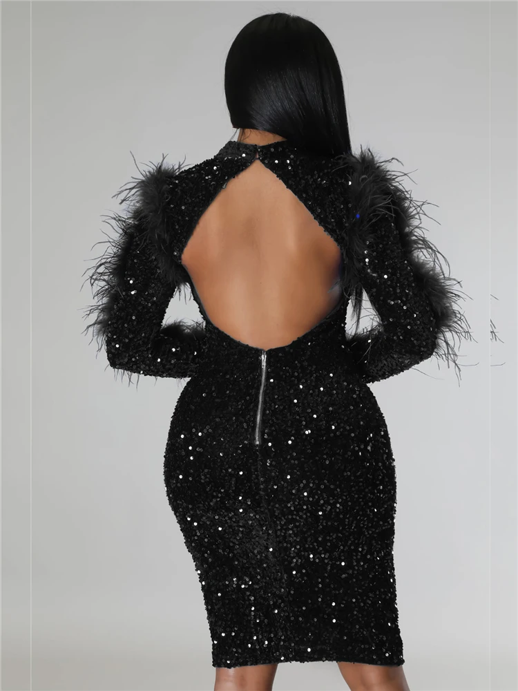 iDress Free Shipping Women Clothing Sexy Backless Sequin Feather Dress Christmas New Year Birthday Party Evening Dresses Vestido