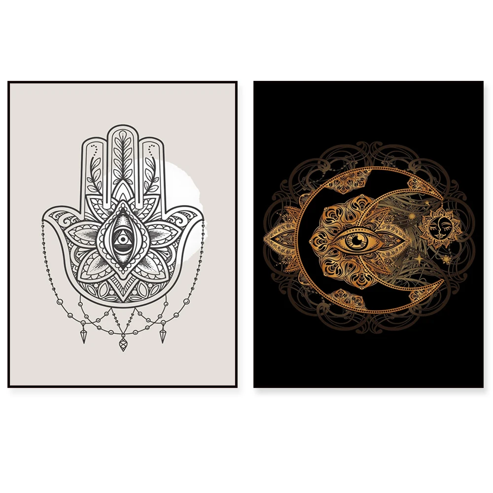 Abstract color posters featuring Indian mandalas, moon tattoos, the Hand of Hamsa, Buddhist paintings, and evil eye motifs.