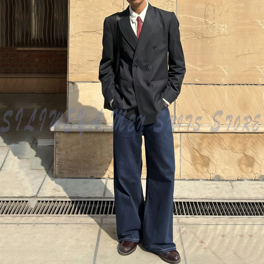 Elegant High-Quality Men's Tuxedo Suit 2 Piece Jacket Denim Pants Peak Lapel Casual Work Commute Social Party Costumes Hommes