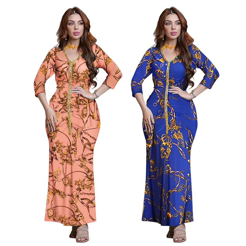 

Slim Print Muslim Abaya Diamond Fishtail Dress Saudi Arabia Kaftan Gown Casual Long Sleeve Dresses for Women Elegant Party Dress