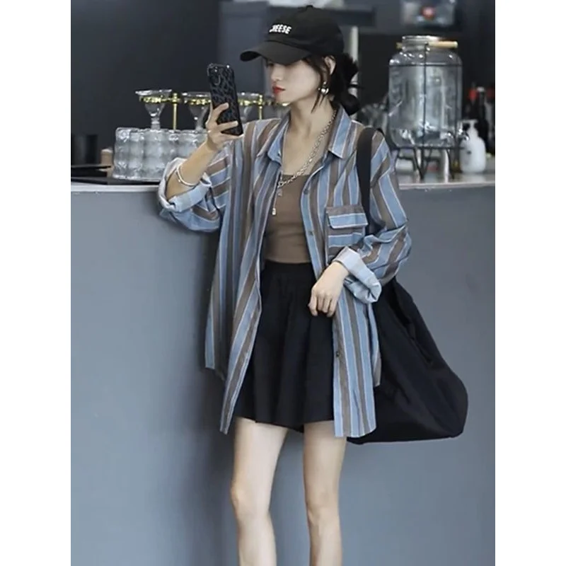 Loose Striped Shirt Women's Blouse Long Sleeve Summer PoLo Collar Casual Thin Type Sunscreen Coat Shirts Top Ladies Blouses