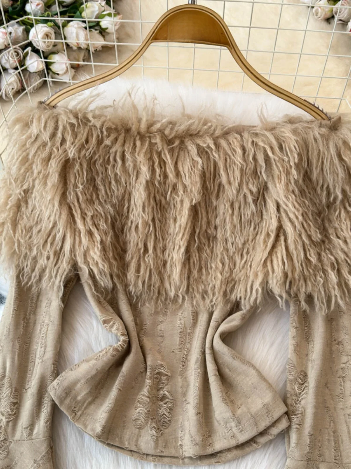 Sweter damski z dzianiny, odkryte ramiona, modny, dopasowany krój, wełniany kołnierz, jesień-zima, nowy, zapach herbaty.