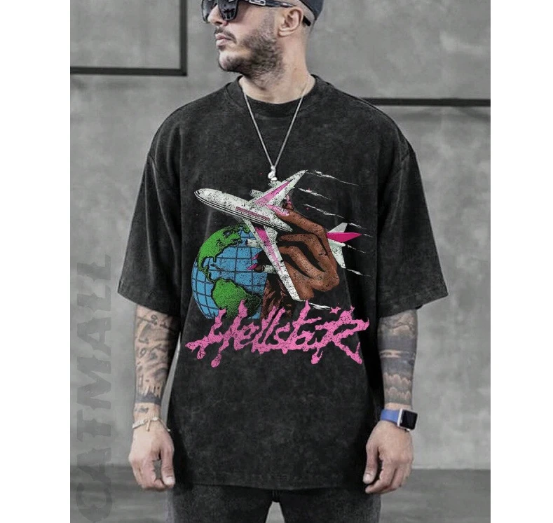 Y2K Style Streetwear Fashion Casual Printed Graphic Print Tee Tops with Airplane Design, Vintage Wash Dark Tourism Shirt, Menswear Unisex Loose Fit 100% Cotton for Cyberpunk Cosplay