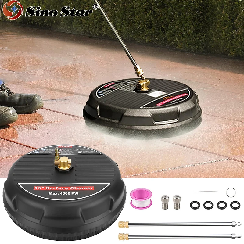 

15" Pressure Washer Surface Cleaner with 4 Wheels Stainless Steel Housing 1/4" Quick Plug 2 Extension Wands&Replacement Nozzles