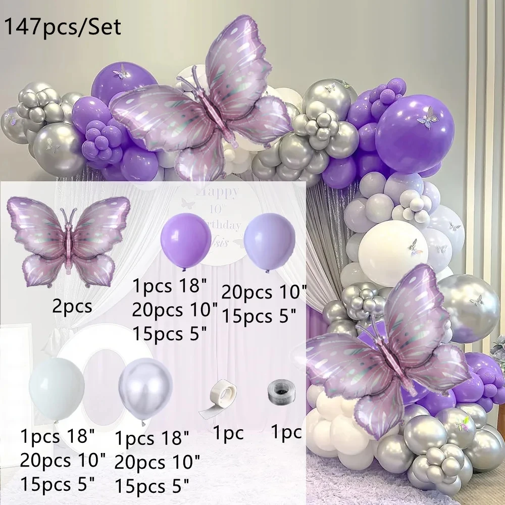 147pcs/Set Purple Butterfly Foil Balloons Purple Silver Balloon Birthday Baby Shower Wedding Party Decoration Supplies