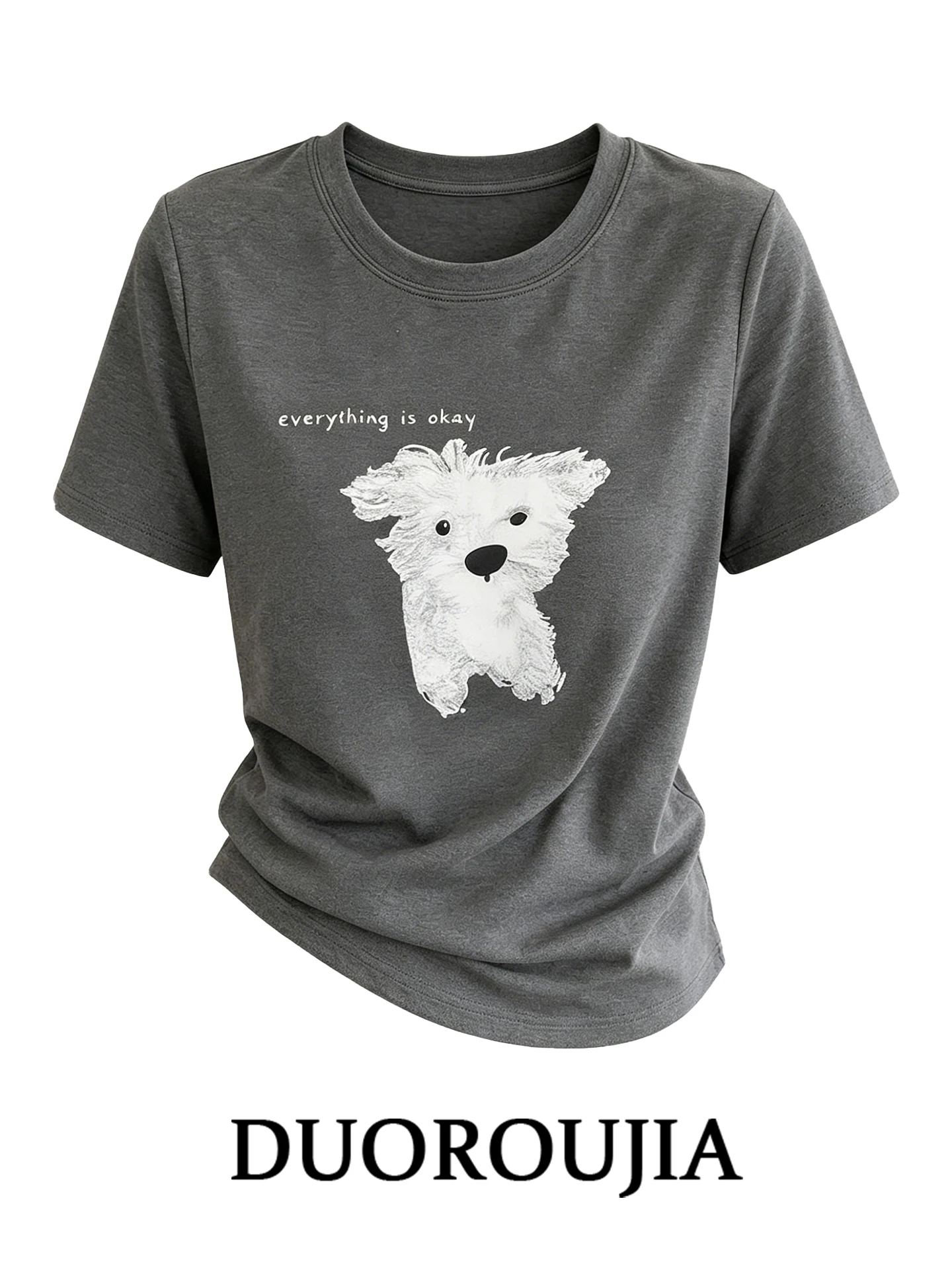 

plus Size Korean Style round Neck Dog Print T-Shirt Women's Summer Versatile Top Casual Commute Fashion High Waist Short Sleeve
