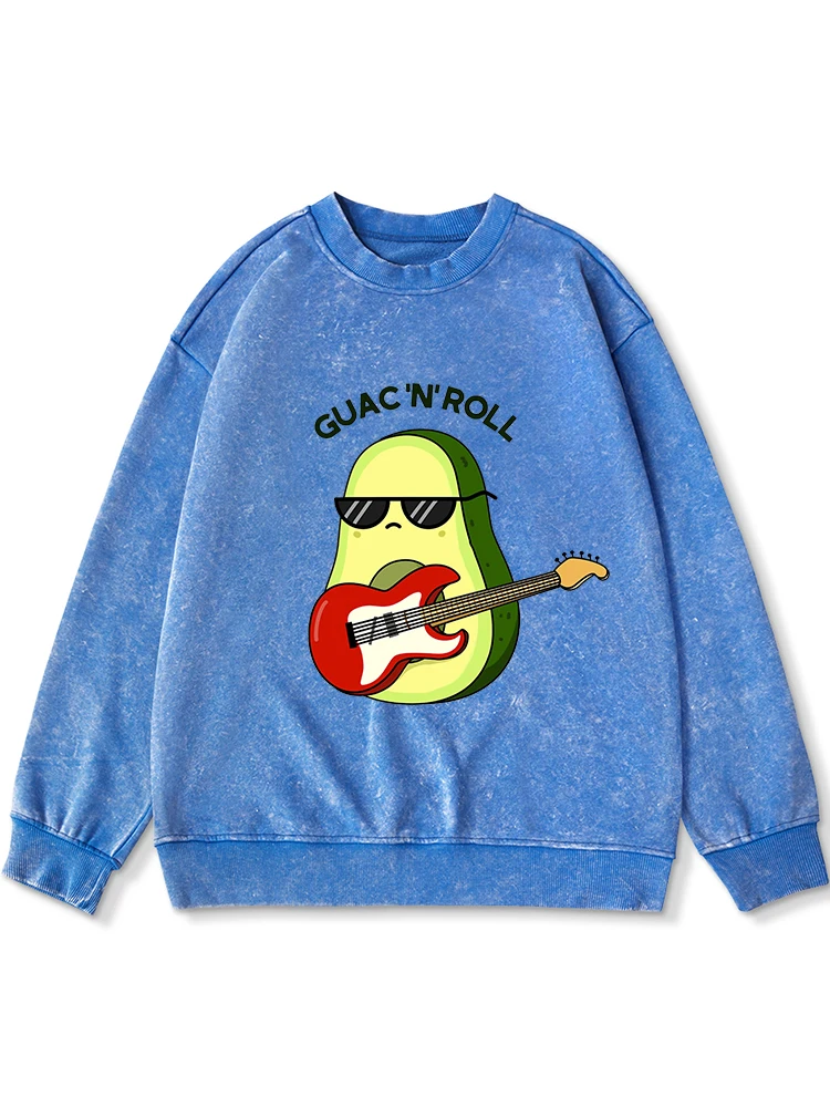 

Cool Guitarist Avocado Guac 'N' Roll Print Washed Distressed Hoody Female Fashion Crew Neck Sweatshirt Vintage Loose Sportswears