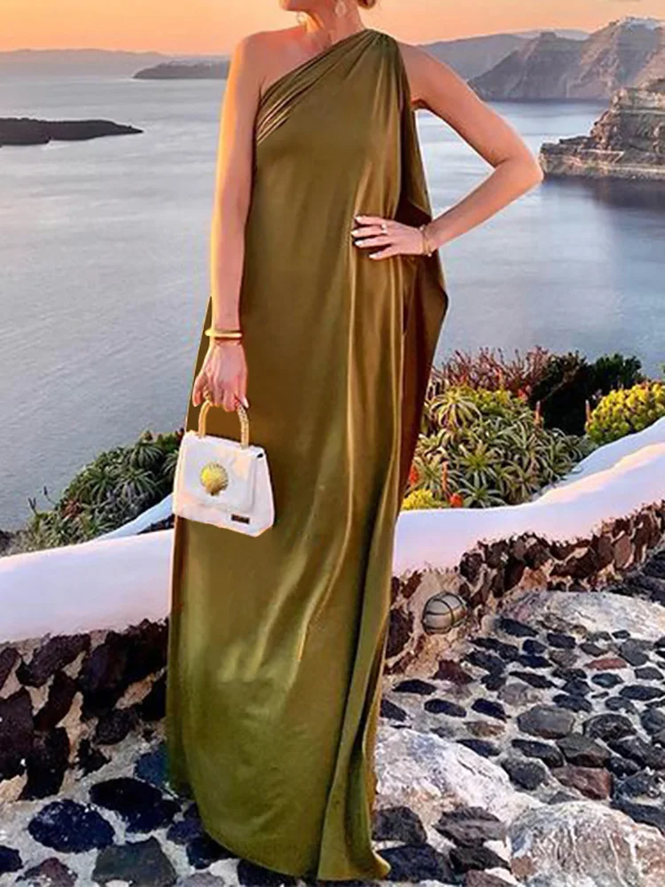 Sleeveless Patchwork Fashion Maxi Dress, Women Summer Diagonal Collar Elegant Party Dress, 2025 One Shoulder Simple Ladies Dress