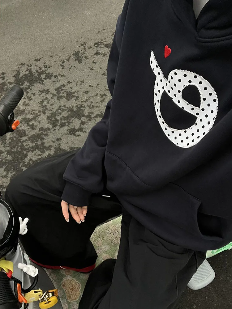 

Американская толстовка с вышивкой в горошек, утепленная флисом, плотная, свободного кроя, для женщин, осенне-зимняя, для пар