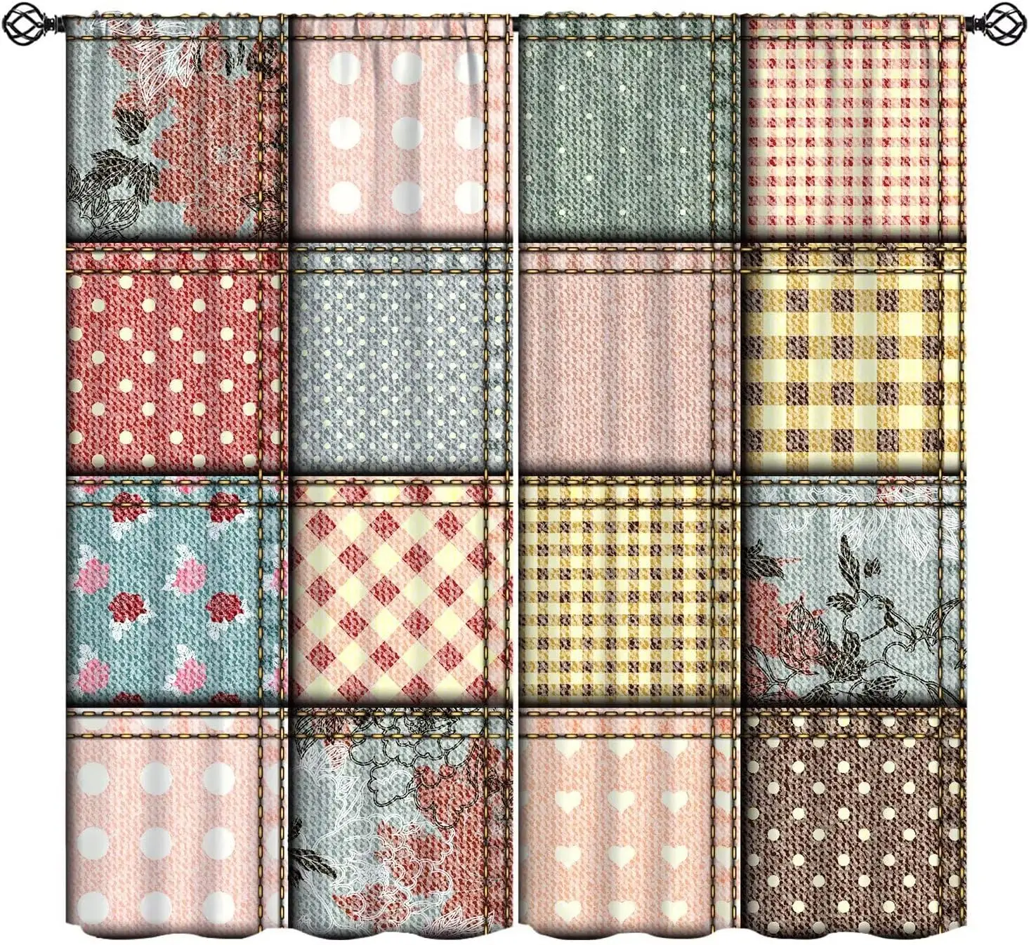 Boho Floral Patchwork Curtains Flower Boho Checkered Polka Dots Patchworkt Window Drapes for Bedroom Living Room Kitchen Cafe