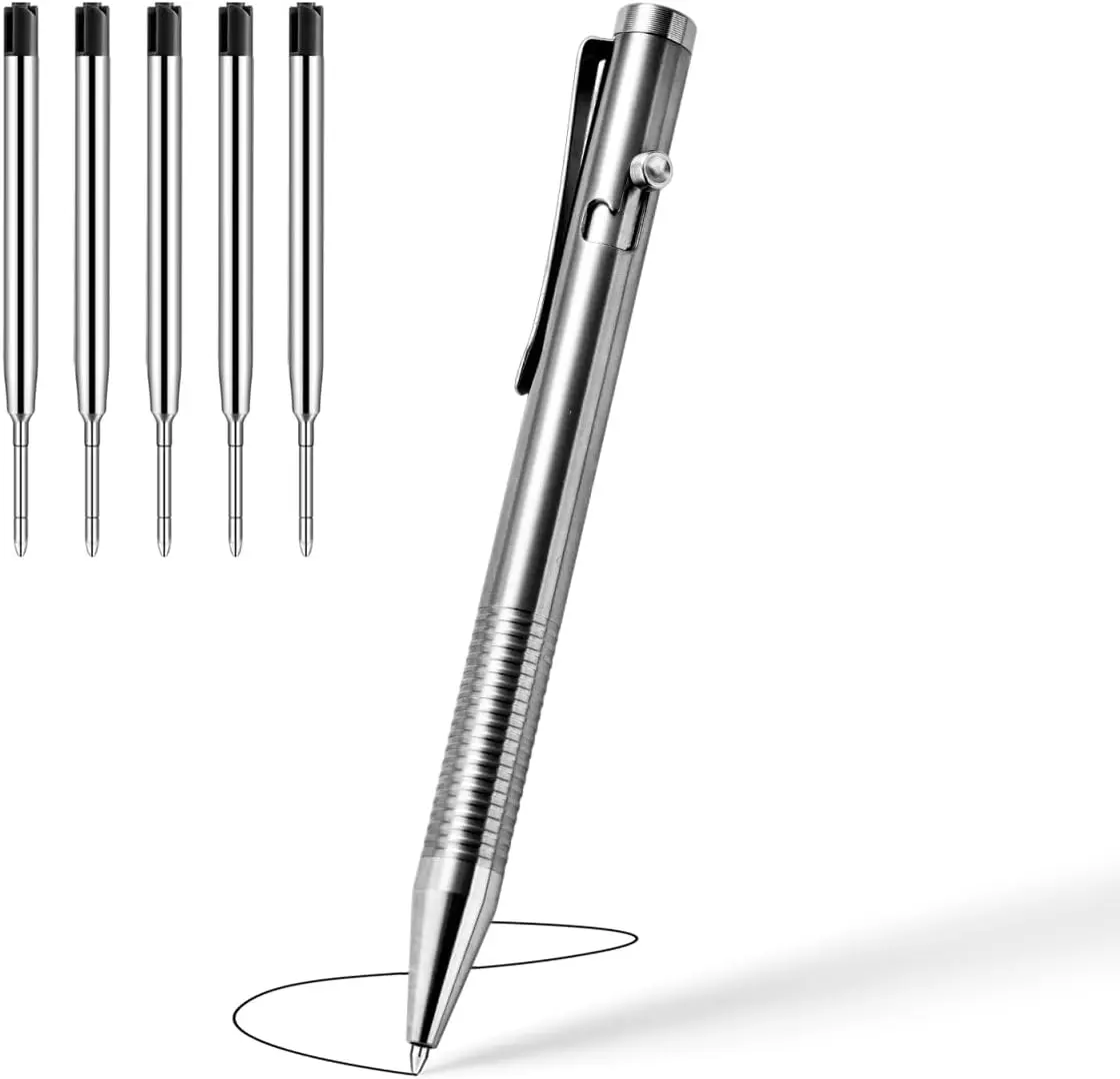 

Titanium Alloy Bolt Action Pen, Slim Lightweight EDC Pocket Tactical Pen With 5 Ballpoint Refills