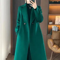 2025 New Winter Green Woolen Coat Lapel Long Sleeves Double Breasted Loose Overcoat With Belt Office Lady Fashion