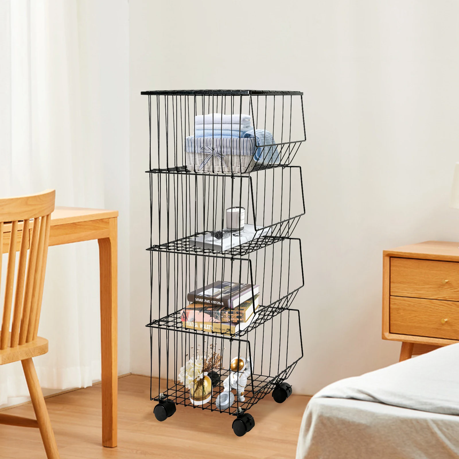 

4-Tier Fruit Basket Stand Kitchen Storage Rack Fruit Vegetable Storage Cart Independent Basket Removable with Wheels