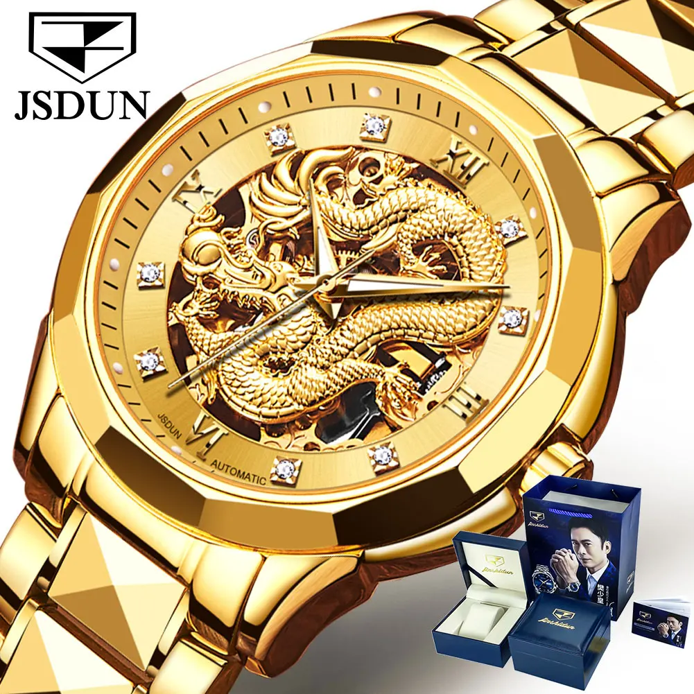 JSDUN 8840 Men's Watches Tungsten steel Band 3D Gold Dragon Wristwatch 50ATM Waterproof High-Quality Luxury Men's Wristwatches