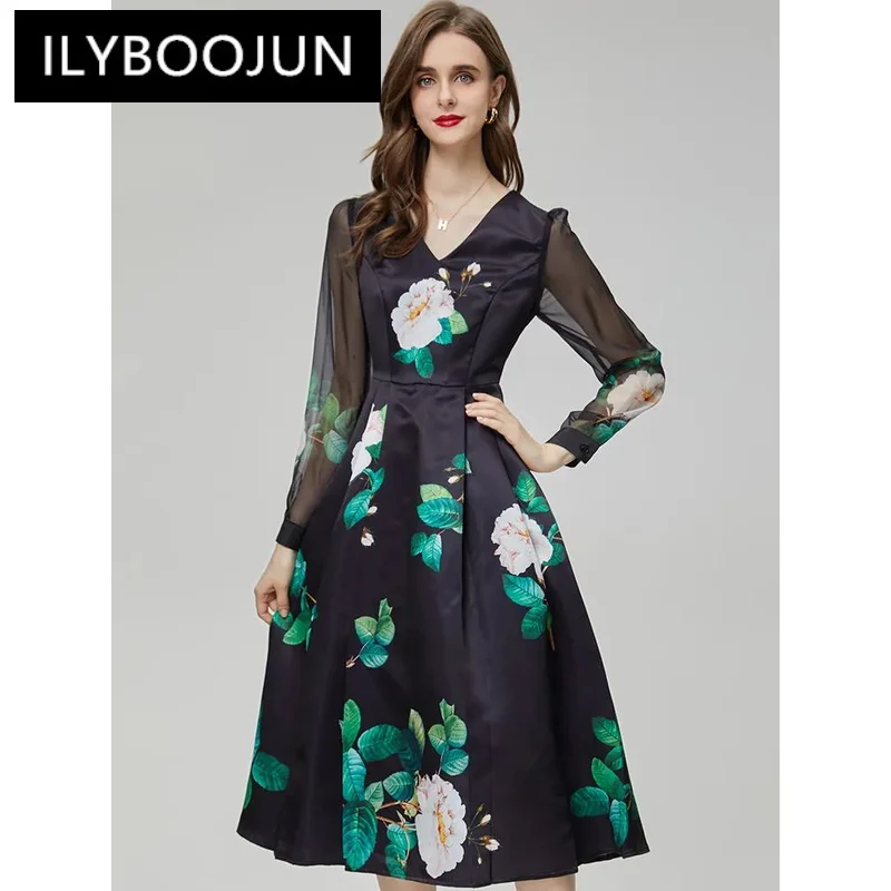 

ILYBOOJUN Autumn Fashion Designer Vintage Floral Print Dress Women's V Neck Long Sleeve Holiday Party High Waist Slim Long Dress