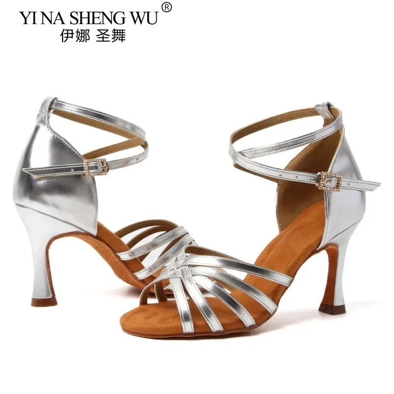Latin Dansschoenen Volwassen Vrouwen Professionele Latin Dance Hoge Hakken 8.5 cm Suède Zolen Zilver Ballroom Tango Dansen Oefenschoenen