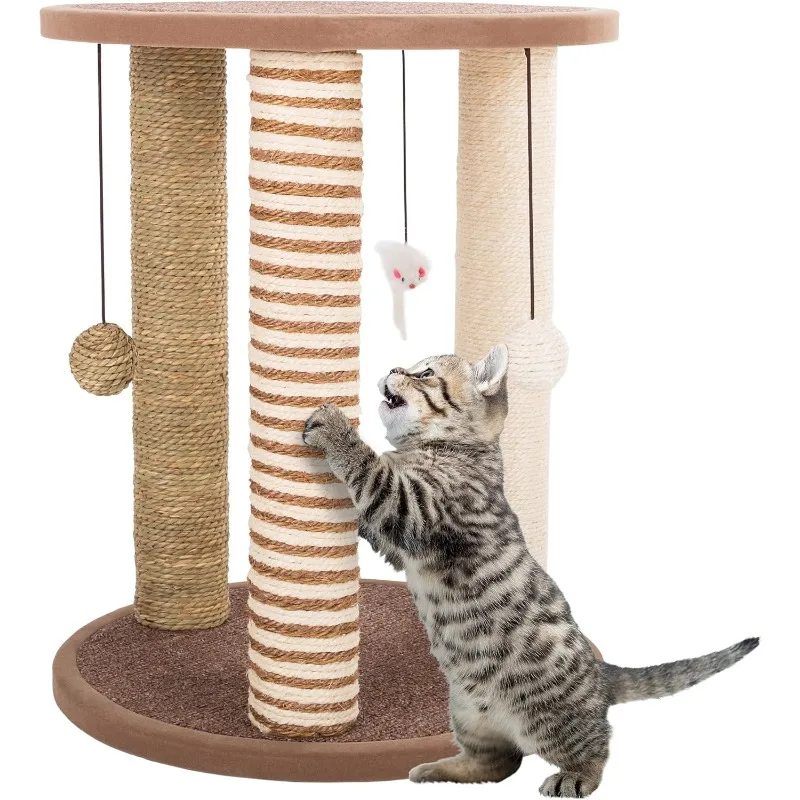 Cat Scratching Post - 3 Scratcher Posts with Carpeted Base Play Area and Perch - Furniture Scratching Deterrent for Indoor Cats