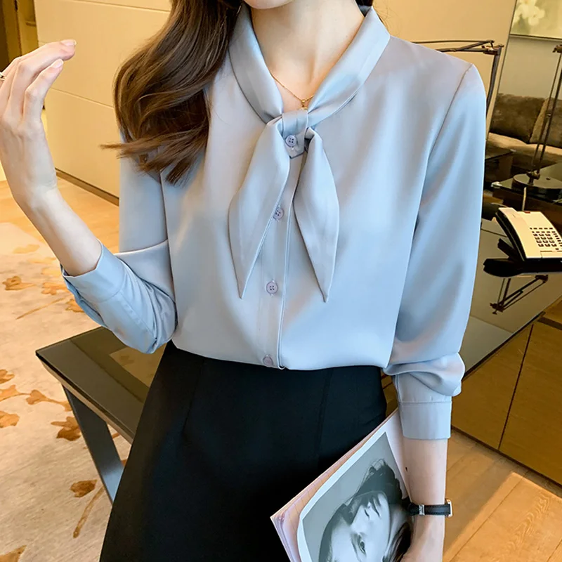

New Autumn Womens Vintage OL Work Casual Chiffon Blouse Blusas Tops Fashion Elegant Bow Loose Lady Business Shirts