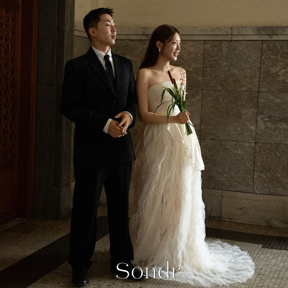 Sondr Pleated Tulle A Line Long Bride Dress Elegant Strapless Korean Wedding Dresses Photography Gown Customized Bridal Gown
