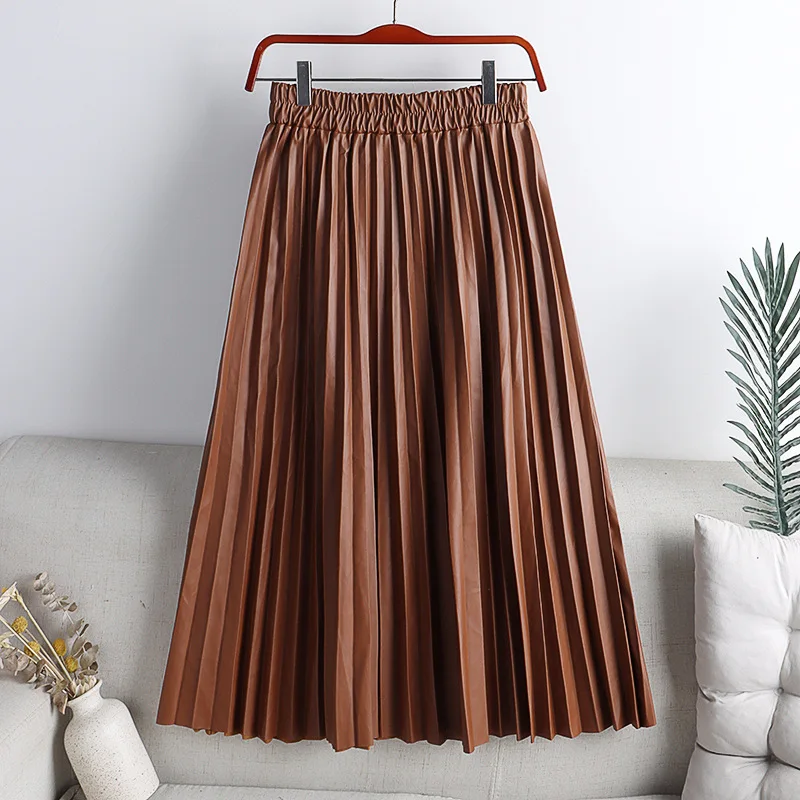 Autumn Winter Faux PU Leather Pleated Skirts Solid High Waist All-match Elegant Umbrella Midi Skirt Streetwear Chic Skirts