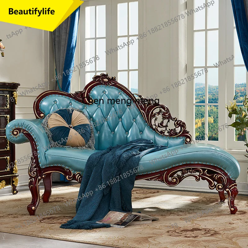 

A57 European leather chaise longue full wood carving flower double sofa leisure lazy sofa