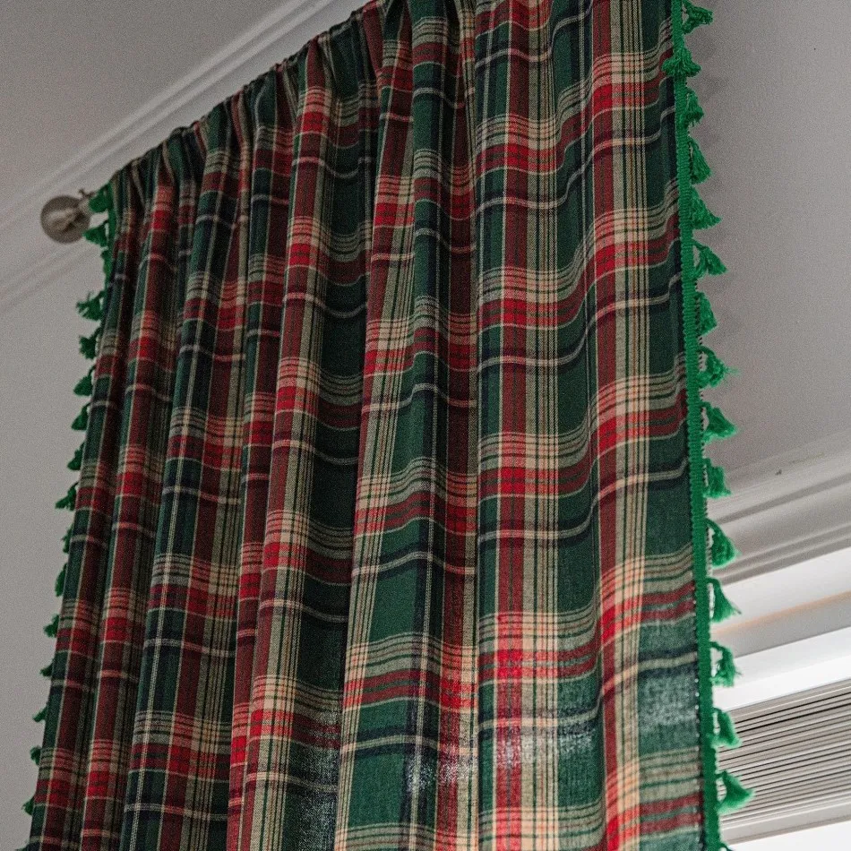 Curtains for Living Room Green Plaid Yarn-dyed American Finished Kitchen Bay Window Curtain Semi Blackout Cortinas Para La Sala