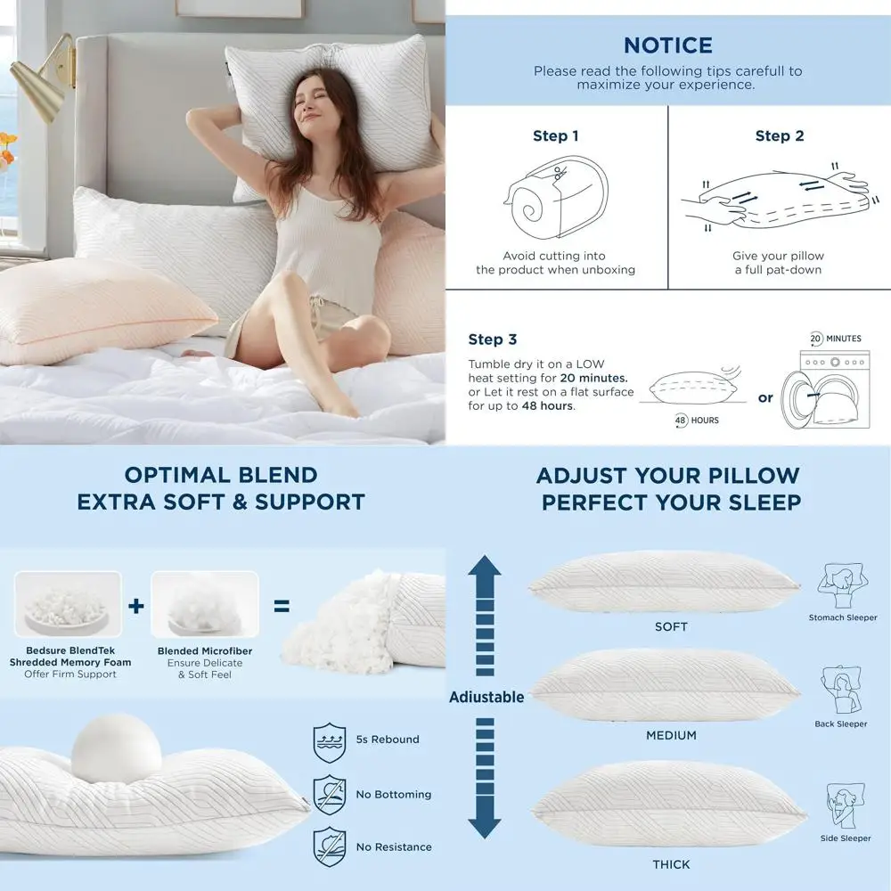 

Комплект подушек King Size из пены с эффектом памяти — 2 охлаждающие подушки с регулируемой жесткостью и бамбуковыми наволочками для сна на боку, спине и животе