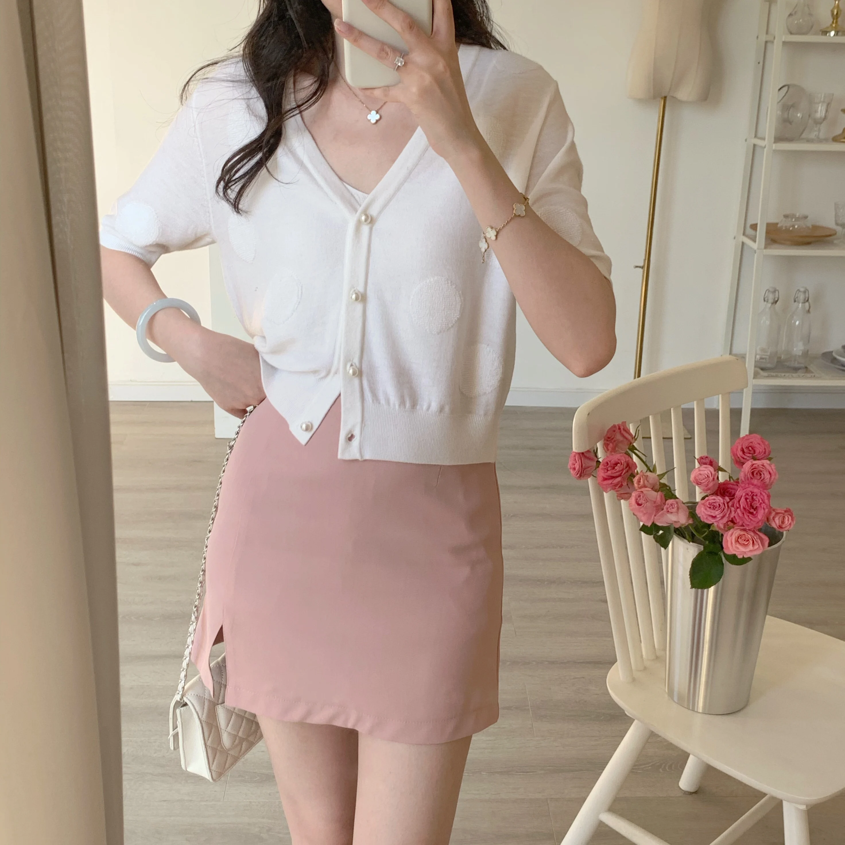 

Летний вязаный кардиган с коротким рукавом, женский, тонкий, шелковый, для кондиционированных помещений, свободный, с жемчужными пуговицами, накидка на плечи