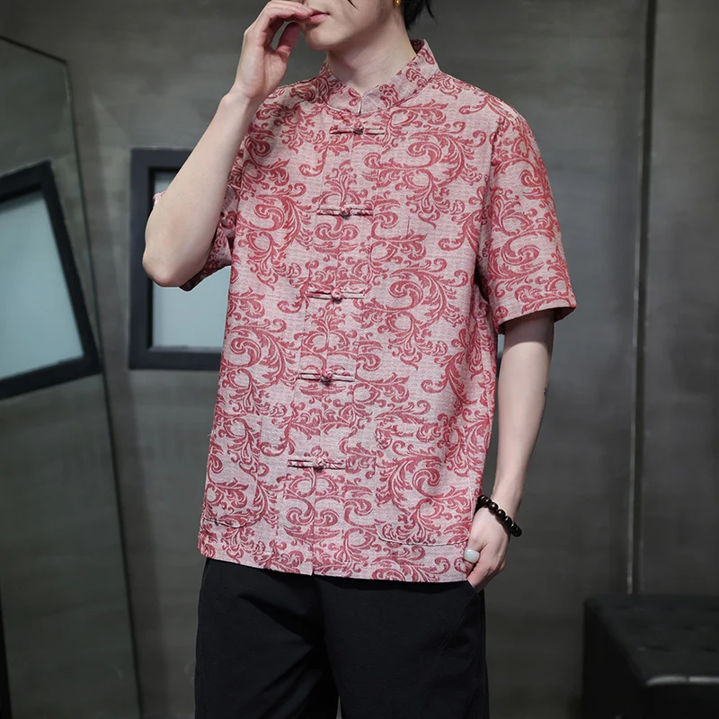 Tang suit male summer short sleeve cotton linen shirt Chinese style pan button sleeve shirt