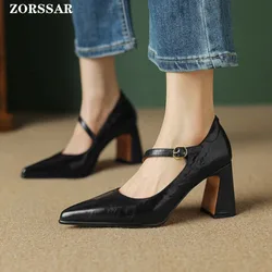 8cm Heels Black Brown Mary Jane Pumps Women Pointed Toe Heels Genuine Leather Shoes Chunky Heels Office Pump Eur Size 33-40