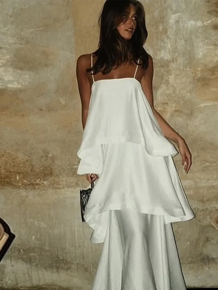 Eleganckie, jednolite sukienki maxi na ramiączkach, damskie, modne, bez rękawów, warstwowe, z falbanami, z odkrytymi ramionami, luźne sukienki letnie, odzież wakacyjna dla kobiet.