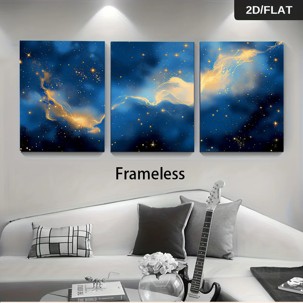 3PCS Frameless,1 set of Starry Sky and Nebula Triptych Frameless Decorative Painting for Home Decor, 2D Flat