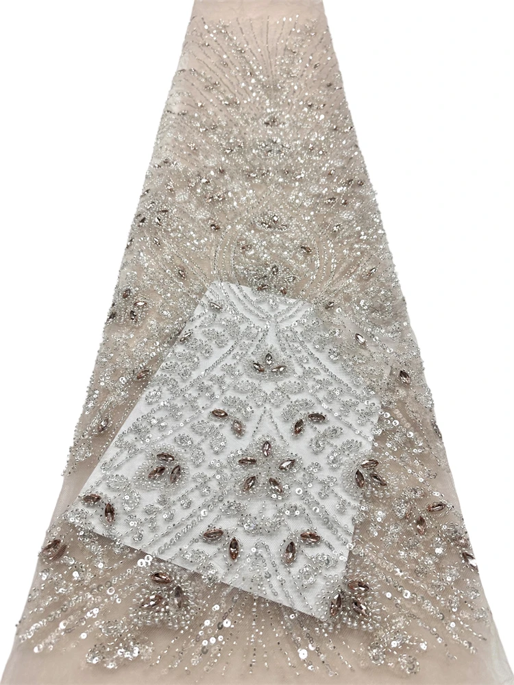 Latest Austria Rhinestone Floral Embroidery Nigerian Mesh Lace Fabric Sequins Beads Soft Tulle For Wedding Evening Dress Sewing
