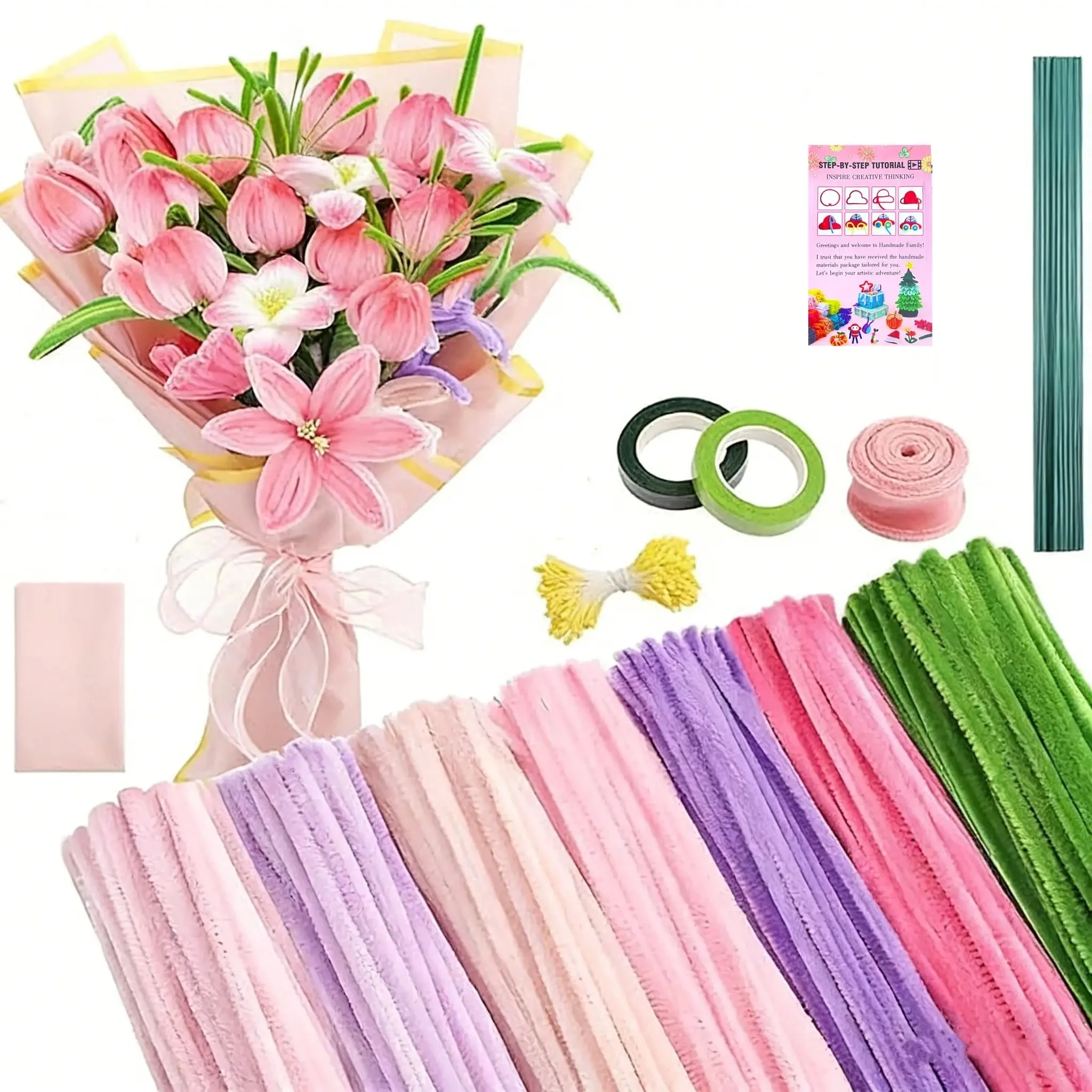 Pfeifenreiniger Bastelblumen-Set 576 Stück, Pfeifenreiniger in Großpackung (Tulpen/Lilien), Chenille-Stiele für DIY Blumenherstellung Bastelset